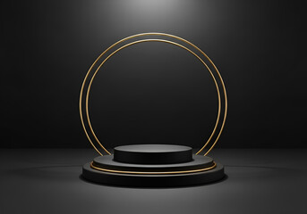 Podium stage with spot lights background - elegant black podium with a golden ring spotlight on a dark background, perfect for product showcase or award ceremony