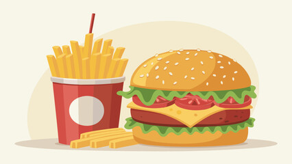 Vector illustration of a classic cheeseburger and french fries combo meal with a soda