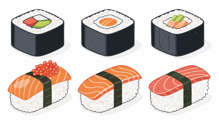 Isometric vector illustration of a Japanese sushi and maki roll set with salmon and tuna