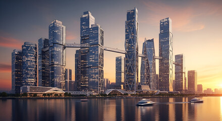 A cityscape with glowing glass towers, futuristic architecture, and reflections in water during golden hour.