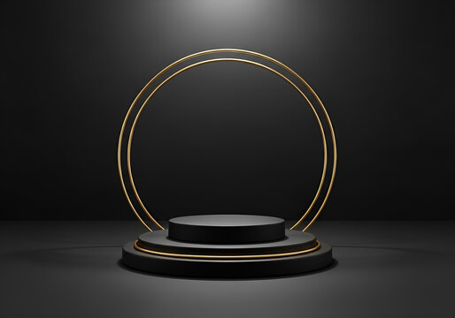 Podium stage with spot lights background - elegant black podium with a golden ring spotlight on a dark background, perfect for product showcase or award ceremony