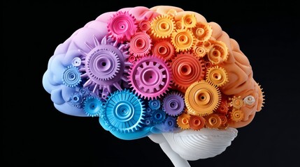 Colorful brain with gears on it. The gears are in different colors and sizes. The brain is a representation of the human mind and its ability to think and process information