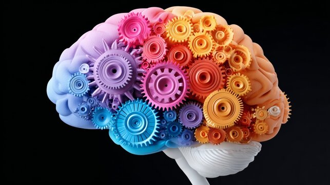Colorful brain with gears on it. The gears are in different colors and sizes. The brain is a representation of the human mind and its ability to think and process information