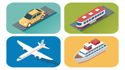 Isometric Transport Icons Collection Car, Train, Airplane, and Ship for Global Mobility and Logistics Solutions