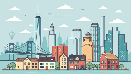 Modern Cityscape Illustration showcasing a vibrant urban skyline with diverse architectural styles including residential areas and prominent landmarks.