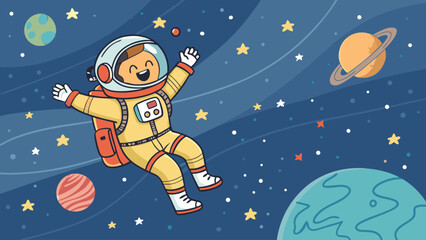 Astronaut child happily floating in space surrounded by planets and stars