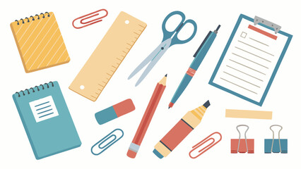 Collection of school and office stationery supplies flat lay vector illustration