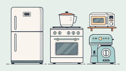 Modern Kitchen Appliances Illustration Refrigerator, Oven, Microwave, and Mixer