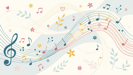 Harmonious Melody Background with Abstract Musical Notes, Treble Clef and Delicate Botanical Elements