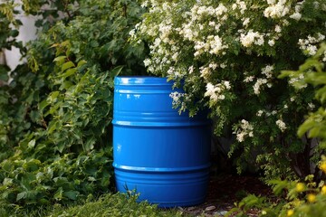 Blue rain barrel stands in a garden, surrounded by green plants. Ideal for illustrating sustainability, gardening, or water conservation.