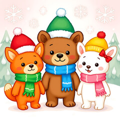 Fototapeta premium Cute Cartoon Woodland Animals in Winter Hats and Scarves in Snowy Scene