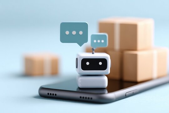 Small robot on smartphone with chat bubbles, surrounded by cardb