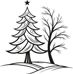 Black and white vector illustration of a Christmas tree silhouette for a winter holiday design