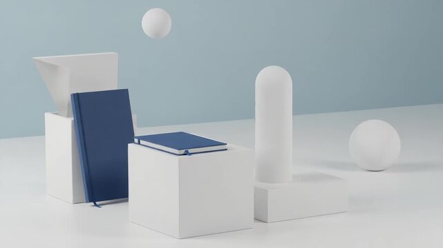Minimalist display of geometric shapes and blue notebook