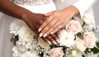 Intertwined hands, rings, and flowers in a delicate wedding display.