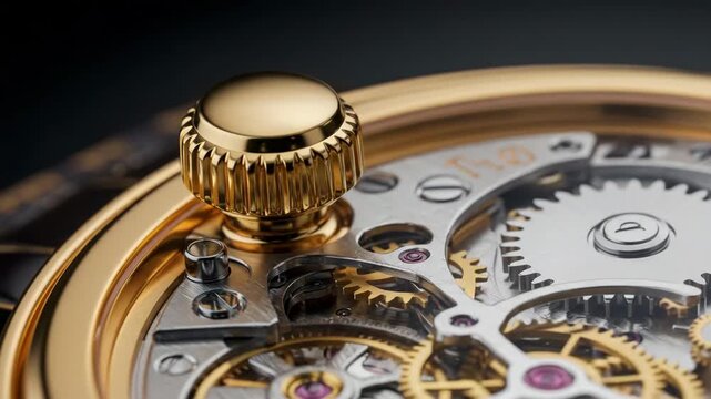 Watchmaking macro shot of gear system and crown in luxury mechanical timepiece with precision engineering, steel components and intricate gold details for craftsmanship and horology design