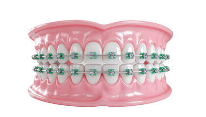 Close up human teeth with metal dental braces orthodontic correction isolated on white background