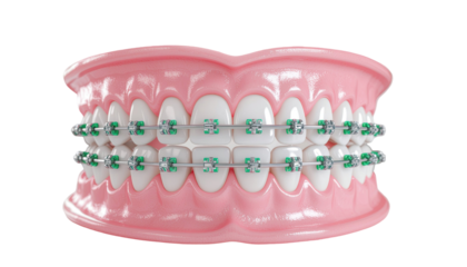 Close up human teeth with metal dental braces orthodontic correction isolated on white background