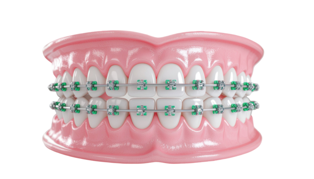 Close up human teeth with metal dental braces orthodontic correction isolated on white background - Powered by Adobe