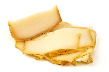 Aged Cheese Wedge Slices, isolated on white background