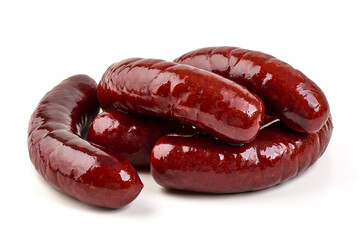 Stacked smoked sausages, isolated on white background.