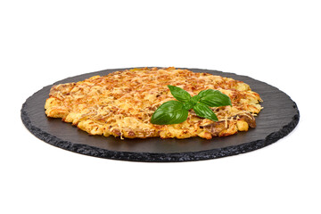 Potato Pizza with Basil, isolated on white background