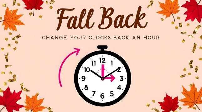 Illustration for daylight saving time reminder with fall back clock adjustment, autumn leaves, seasonal change, time management, and seasonal event awareness design
