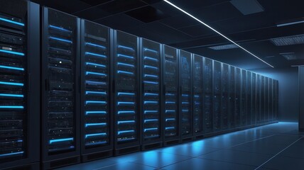 A server room filled with rows of data servers with blue lights and a dark and futuristic atmosphere
