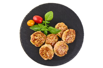 Chicken Cutlets with Tomatoes and Basil, isolated on white background