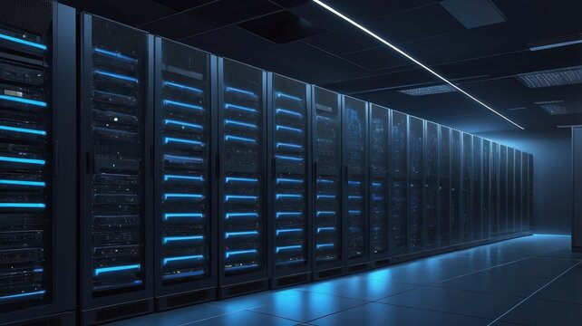A server room filled with rows of data servers with blue lights and a dark and futuristic atmosphere