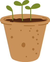 Biodegradable pot with young green sprouts emerging from rich soil, symbolizing early plant growth, eco friendly gardening and sustainable farming. Cartoon flat vector peaty container for seedlings