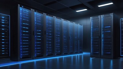 A server room with multiple server racks illuminated with blue lights in a dark environment