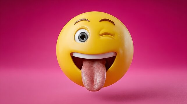 Yellow emoji with a tongue sticking out. The image is in a pink background. Scene is lighthearted and playful