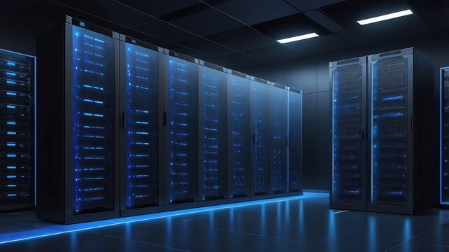 A server room with multiple server racks illuminated with blue lights in a dark environment