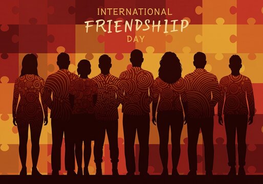 Silhouettes of people celebrating international friendship day with puzzle background. Suitable for greeting cards, social media posts, and websites. - Powered by Adobe
