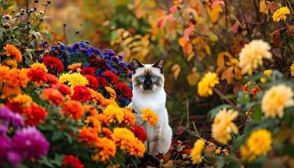 A cat surrounded by vibrant flowers in a garden setting.