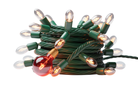 Cluster of warm white christmas lights with one red bulb isolated on transparent background