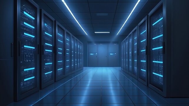 A long hallway filled with server racks and bright blue lighting in a data center environment space