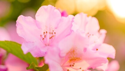 Obraz premium A delicate, light pink flower blossoms in soft sunlight, showcasing intricate details and a gentle spring ambiance.