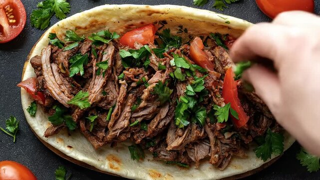 Hand preparing meat-filled flatbread with tomato and parsley