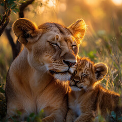 Obraz premium A lion cub and her mother cuddle each other.