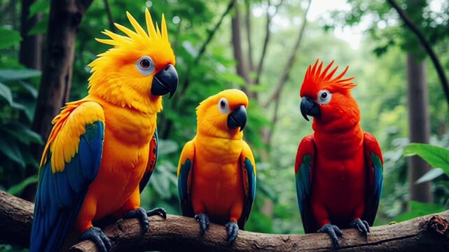 Three brightly colored parrots stand in a row on a branch, bringing a cheerful and colorful atmosphere of tropical life full of togetherness, beauty, and natural joy