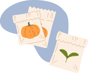 Farmer or gardener seeds in packs for vegetable and fruit harvest, vector icon. Farm plants seedlings in sachets for agriculture vegetable and fruit planting, garden or agrarian farming harvest
