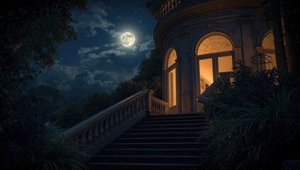 Fototapeta premium Stairway leading to a building with illuminated windows under a full moon at night with trees around