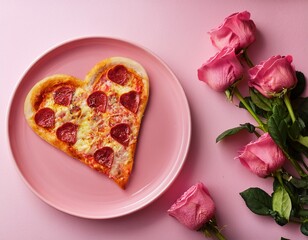 Top view of slice of pizza in shape of a heart on a pink plate on pink table with rose flowes. Generated image