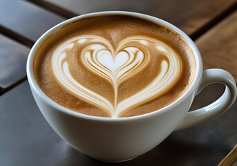 Heart Latte Art in a White Mug on a Wooden Table, Coffee Beverage