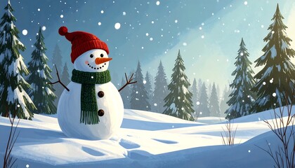 A cheerful snowman stands amidst a snowy forest scene, bathed in gentle sunlight and snowfall.