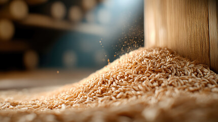 Wheat grains cascading from wooden container onto rustic surface, revealing harvest abundance with burlap sacks surrounding wooden barn interior
