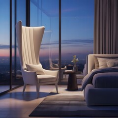 Obraz premium Beach hotel lounge area with comfortable chairs and tables