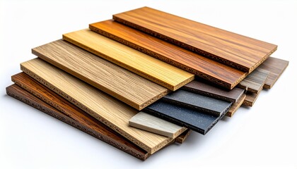 Diverse stacked samples of wood and laminate, showcasing various colors, textures, and grain patterns for flooring and interior design material selection.